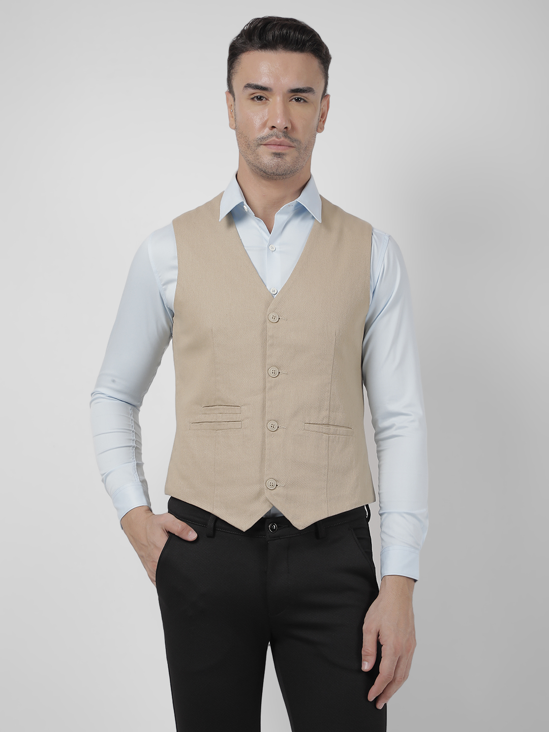 Numero Uno Men Beige Sleeveless V-Neck Waistcoat